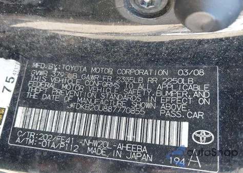 2008 Toyota Prius из США, поврежденный, VIN JTDKB20U887770855